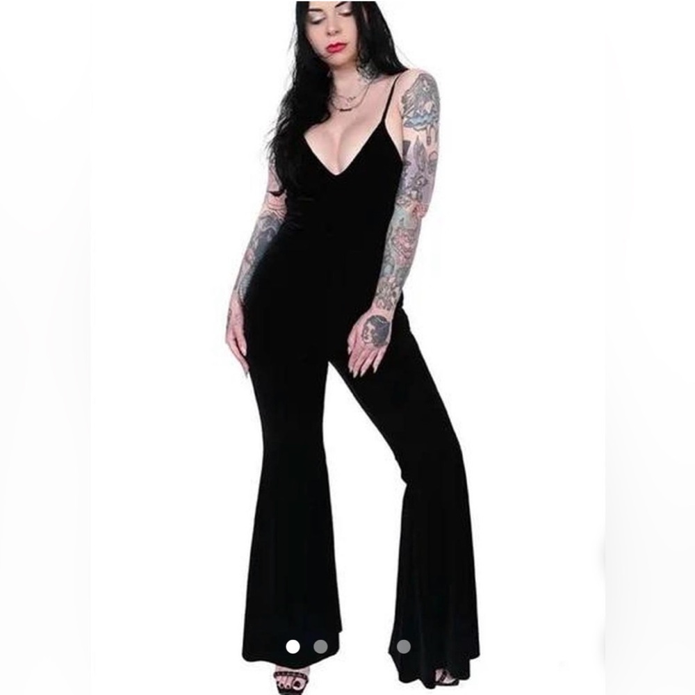 EUC Foxblood Black Velvet Jumpsuit Plus Size 2X Witch Goth Flare Bell Bottom